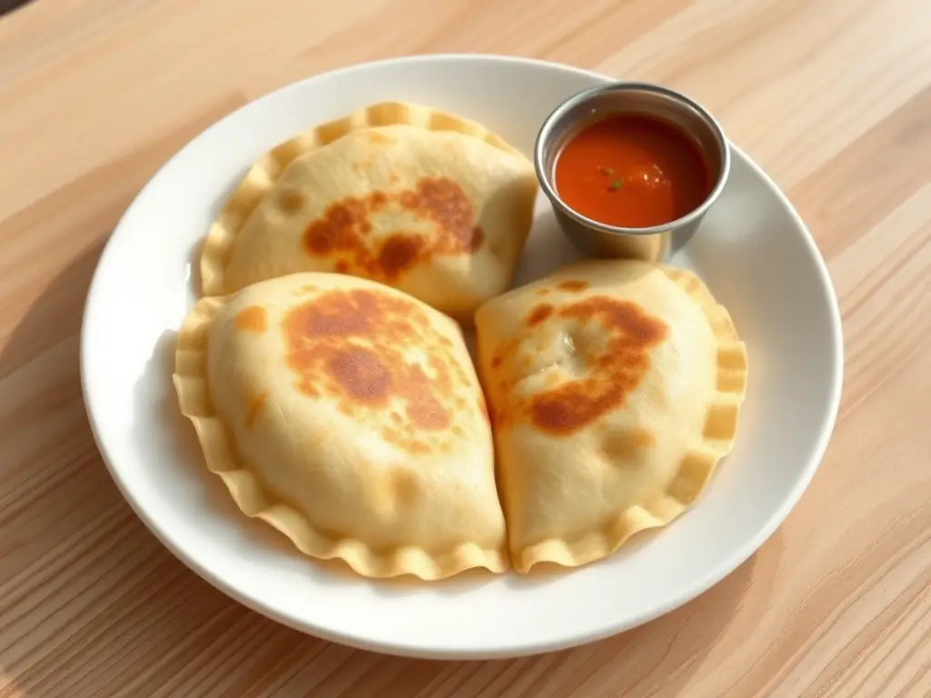 A 3D render of a plate of pupusas, showcasing the golden-brown exterior and savory filling, served with curtido and salsa roja, highlighting the most popular dish at El Sabor Guanaco.
