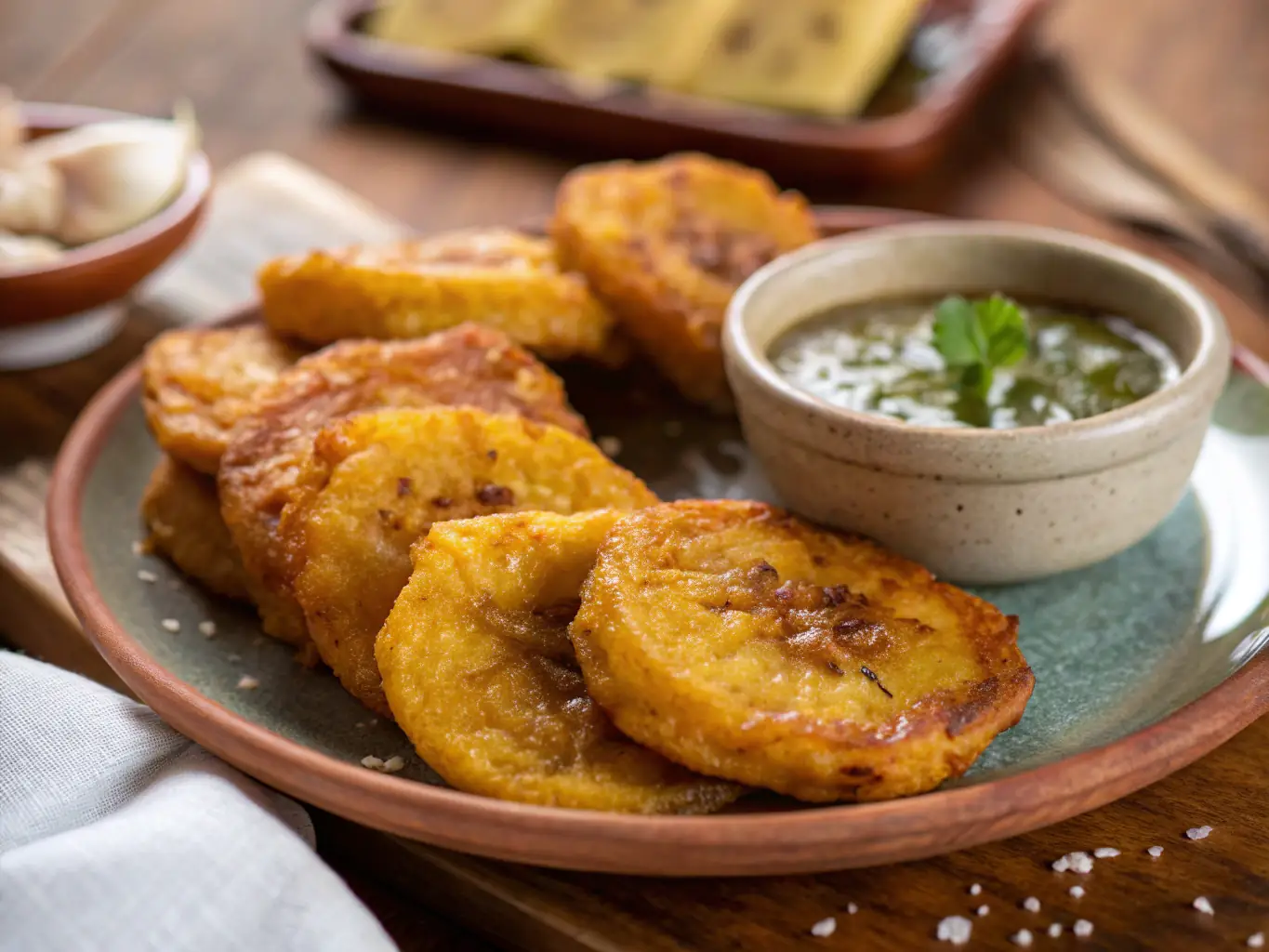An enticing photo of a plate of Yuca Frita, featuring crispy fried yuca sticks served with chicharrón (fried pork rinds) and a side of salsa roja.